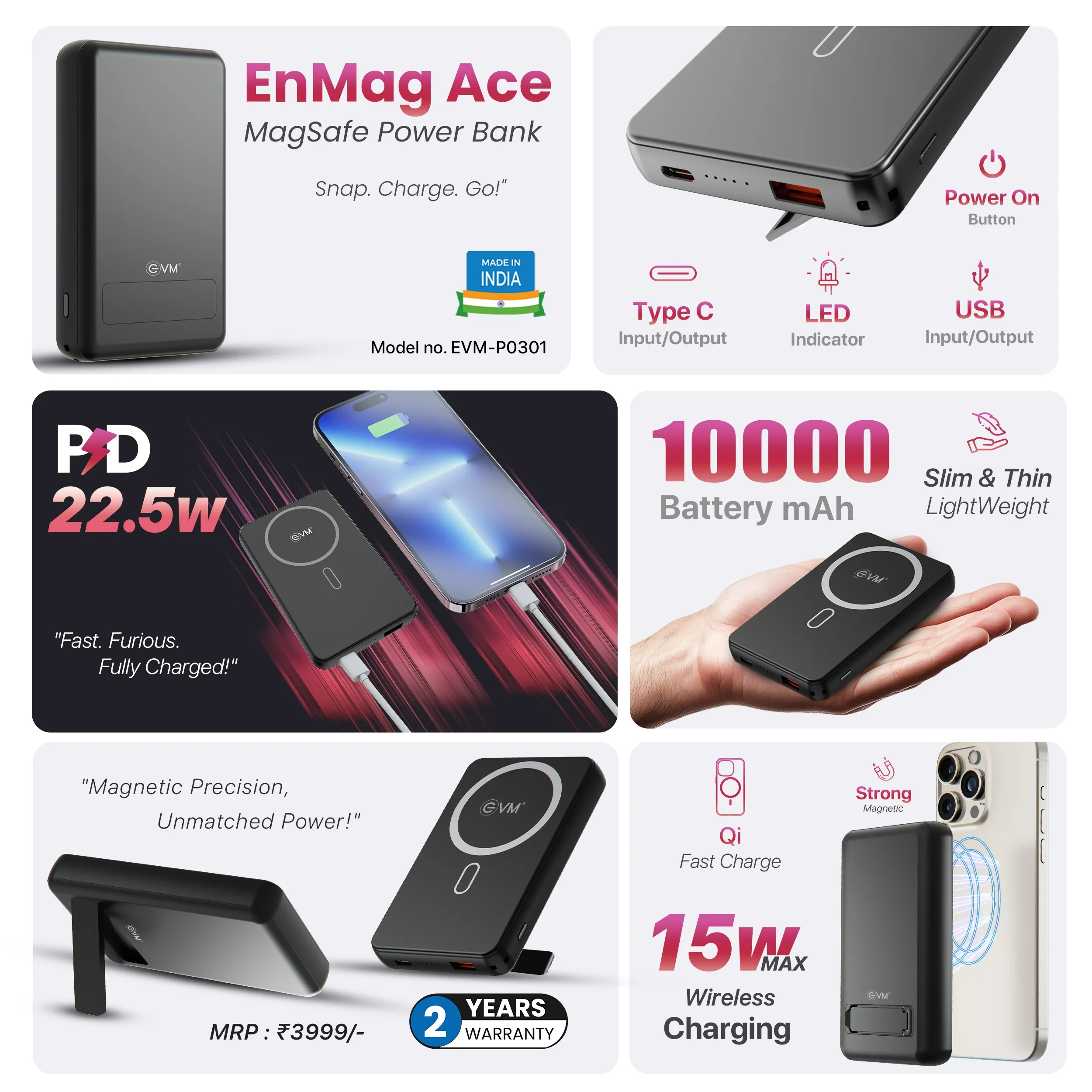 EVM Power Bank 10000 mAh Enmag Ace Magsafe(P0301B) Black view 3